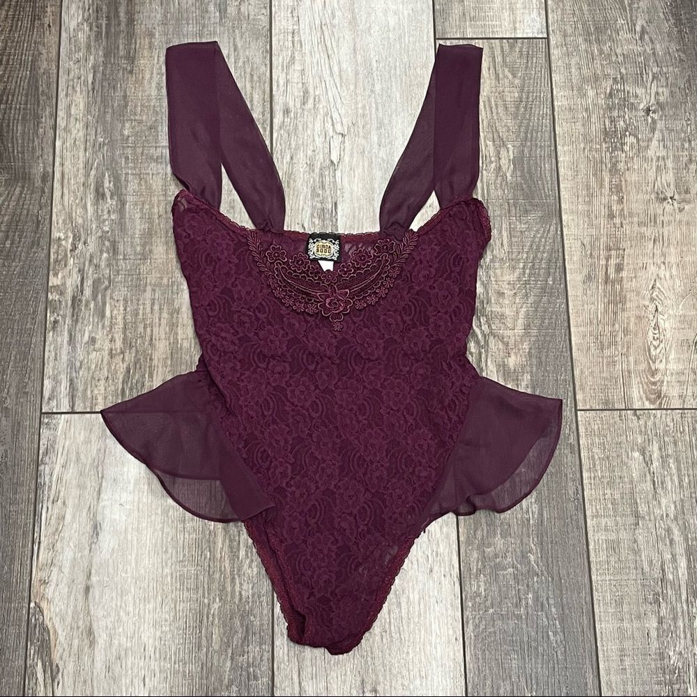 Vintage Circa 2000 Plum Color Lace Bodysuit With Ruffle Detail Size Small